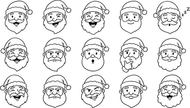 Set of various santa claus head illustrations with different facial expressions in a hand drawn doodle style sketch