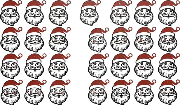 Set of hand drawn santa claus face icons with various expressions for christmas holiday design and decoration projects