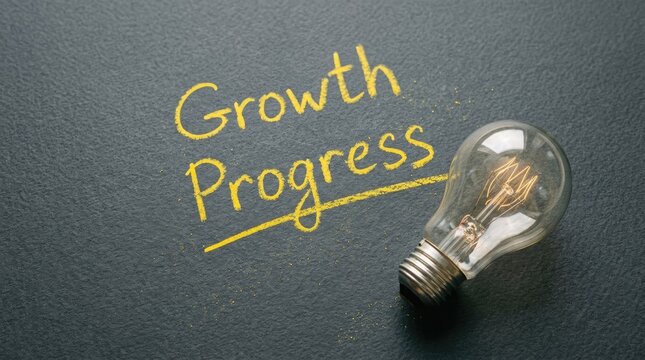 Growth progress text written in bright yellow chalk beside a glowing clear light bulb on slate