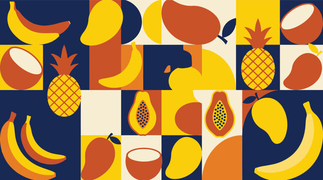 Tropical fruit pattern vector illustration with pineapple, banana, papaya, and abstract geometric shapes
