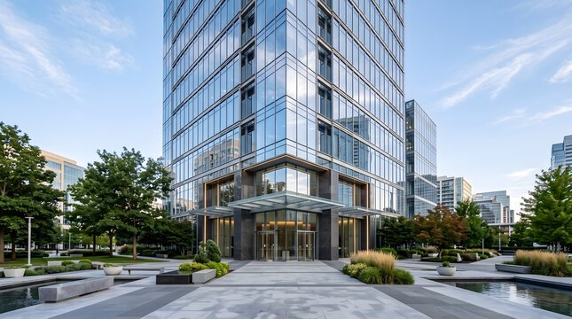 : Modern corporate glass skyscraper building entrance exterior with clean architectural lines under bright blue sky