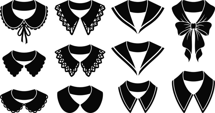 Detachable collar and neckline black silhouette vector set featuring peter pan lace sailor and bow styles