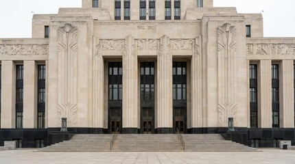 Fototapeta premium Facade of art deco style building with stone carvings and staircase. Grand entrance with columns and geometric ornaments of monumental architecture. Vintage government or civic architecture concept.
