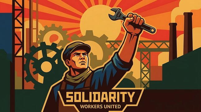 Worker raising a fist while holding a simple work tool, minimal text, powerful flat vector illustration