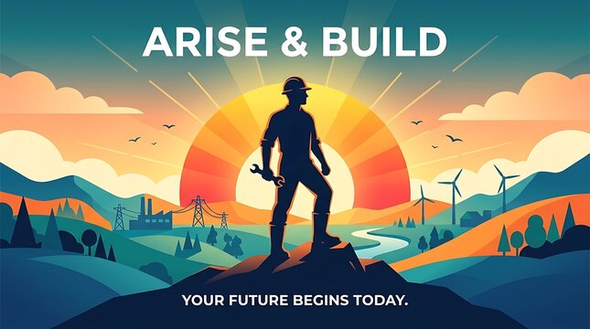 Worker silhouette with a rising sun behind them, minimal text, inspiring flat vector banner