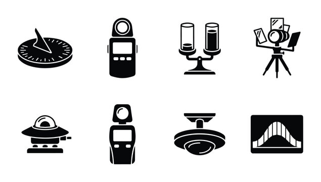 Measurement Tools Icons: Light Meter, Sundial, Scale, Camera Tripod, Pyranometer, Security Camera, Graph