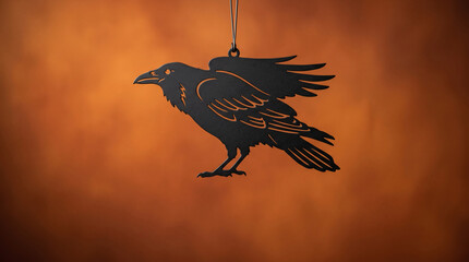 Obraz premium Black raven silhouette ornament hanging against a warm orange gradient background