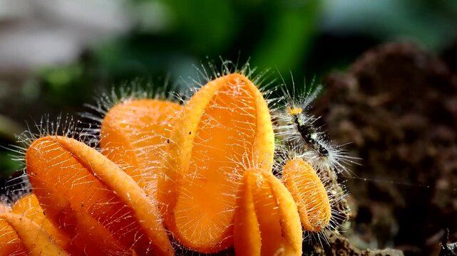 A caterpillar is foraging in  mushrooms