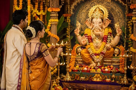 Ganpati Bappa Lord Ganesha Couple Worshipping and Performing Aarti During Ganesh Chaturthi Ganesh Jayanti Sankashti Chaturthi Vinayak Chaturthi Angarki Sankashti and Ganpati Visarjan
