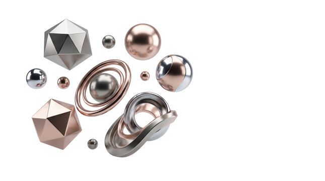 Metallic 3D geometric shapes, floating rose gold and silver spheres, abstract futuristic chrome elements on white background