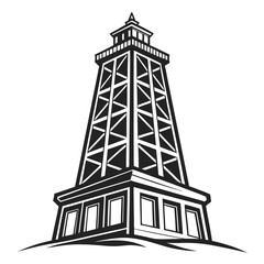 Obraz premium Black and white of a tall industrial oil drilling rig tower structure, isolated on a white background, flat style