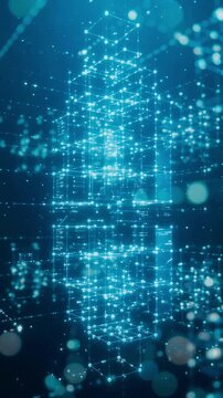 Glowing blue digital cube structure floating within dark virtual space in this animated motion graphics video