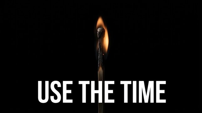 Burning wooden matchstick glowing brightly against solid dark black background with bold white motivational text overlay