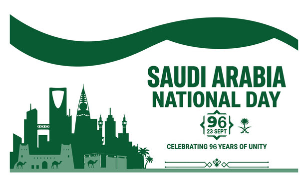 Saudi arabia national day celebration banner with iconic riyadh skyline silhouette, palm trees, and traditional architecture, 96 years of unity design isolated on transparent background