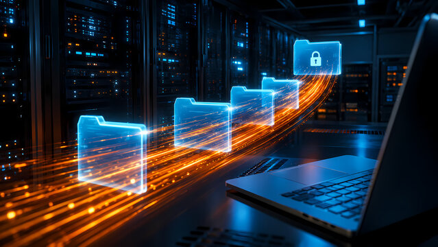 Glowing digital folders streaming through a futuristic server room toward a secure locked folder, illustrating encrypted file transfer, cloud storage and automated enterprise data management