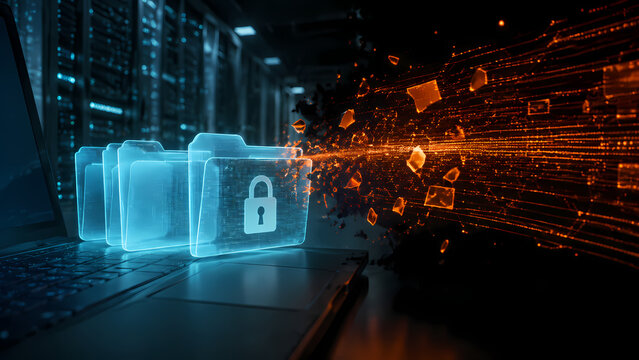 Glowing secure digital folders with padlock icon receiving streams of encrypted data inside a futuristic server room, illustrating protected cloud storage and automated file transfer