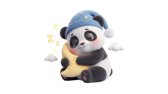 Cute panda baby sleeping with a yellow moon pillow wearing a blue hat