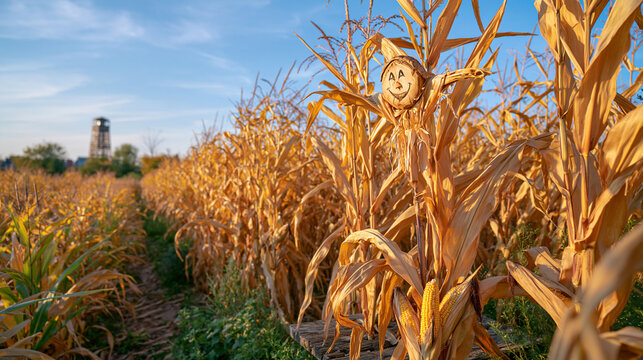 Wide panoramic view across an autumn corn maze with a smiling wooden scarecrow positioned on a rustic platform among the corn, tall golden stalks stretching toward the horizon, wooden watchtower sil