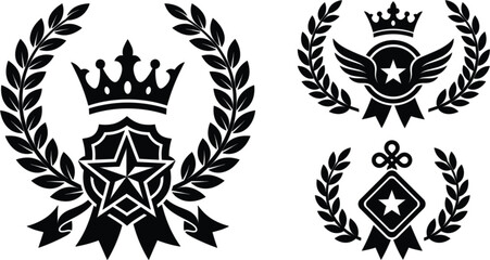 Fototapeta premium Set of black and white award emblems and laurel wreath badges with stars and crowns