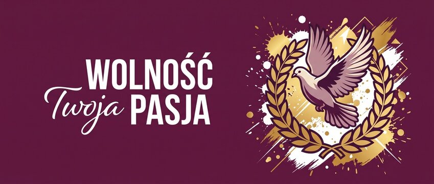 Flying Dove Gold Laurel Wreath emblem banner featuring Polish text Wolnosc Twoja Pasja freedom passion concept design vector illustration background symbol of peace success victory achievement gold