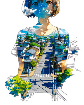 世界と未世界、女の子、イラスト、水彩画、