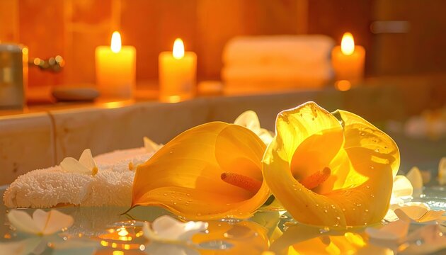 Orange Calla Lilies Floating in Spa Bath with Candlelight
