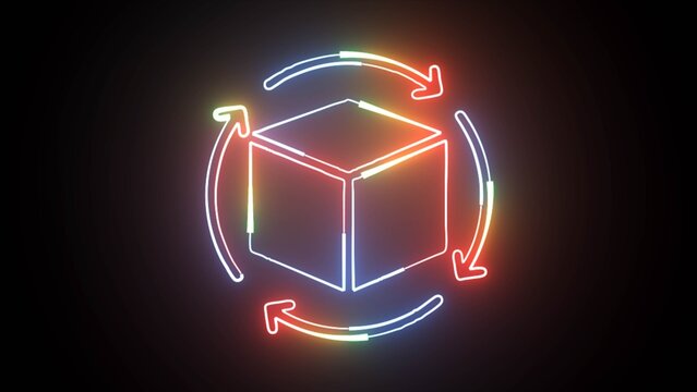 A multicolored glowing neon cube rotating continuously with looping cycle arrows