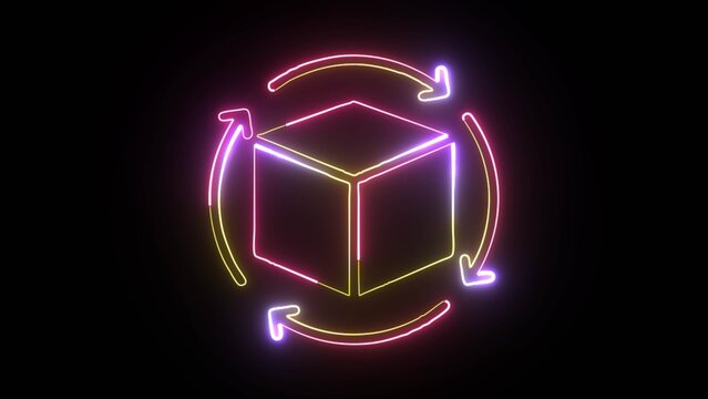 A 3D wireframe cube glowing with pink and yellow neon lights