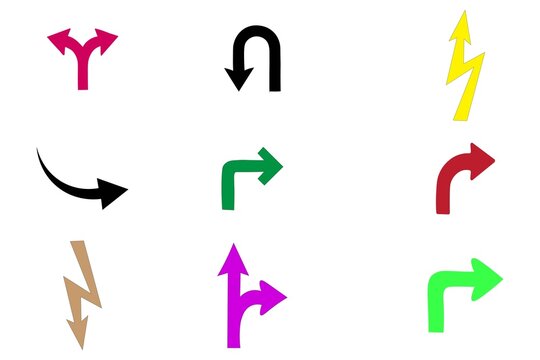 Set of colorful road traffic direction arrows isolated on white background