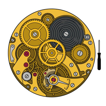 Close up vector illustration of golden clockwork mechanism with metallic gears