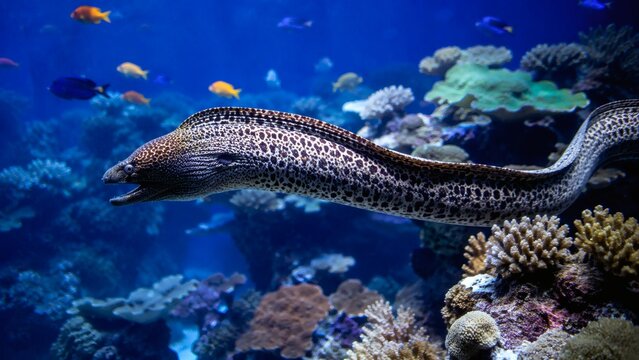 Spotted moray eel gliding through vibrant coral reef
