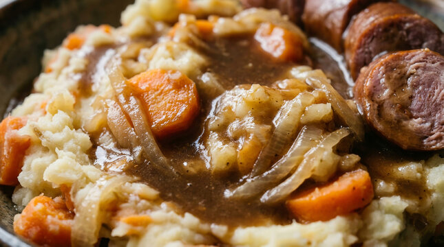 Hearty Home-Cooked Meal with Mashed Potatoes, Brown Gravy, Saut&eacute;ed Onions, Carrots, and Sliced Sausages