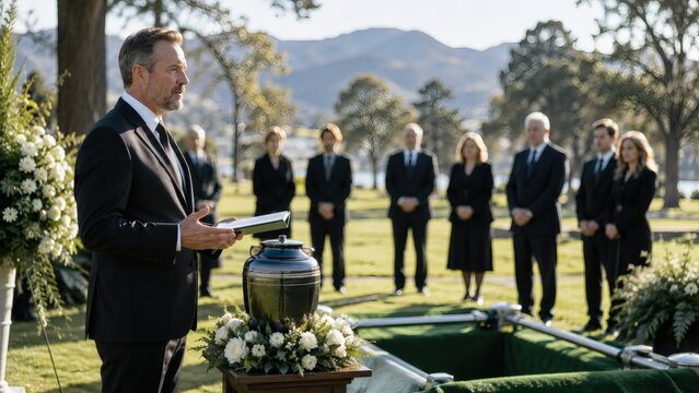 Mourning speaker at formal outdoor funeral service
