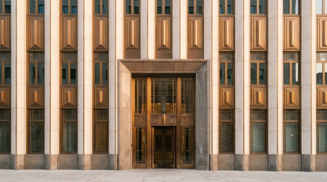 Art deco building facade with symmetrical bronze windows and ornate entrance door. Elegant geometric architecture of luxury office tower with stone and gold details. Vintage urban design concept