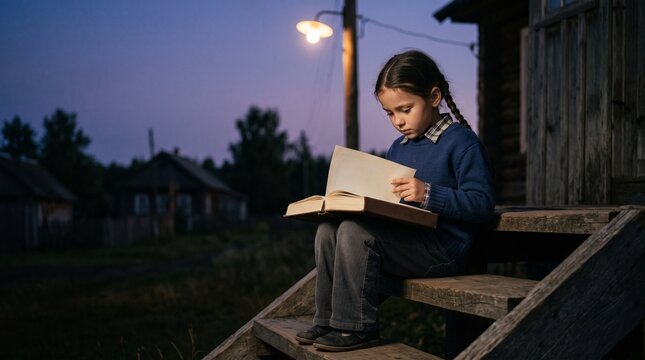 Young girl reading open book on wooden stairs under street lamp illuminating quiet night study and education