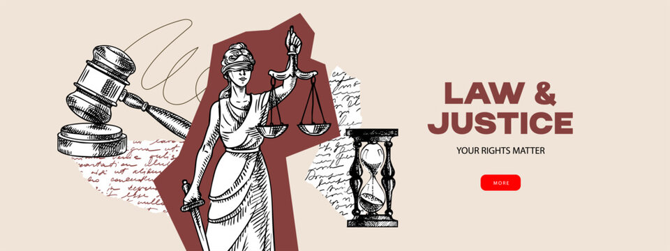 Collage of sketch vintage  law poster. Lady justice, judge gavel and feather. Engraved line style hand drawn isolated vector illustration. Law, legal, court, mediation, arbitration, notary concept