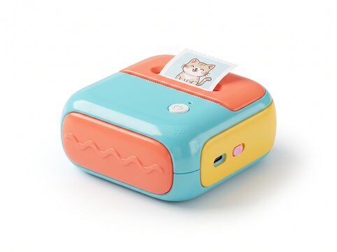 A small, colorful portable thermal printer for kids, featuring a cute cartoon cat printout, isolated on white background