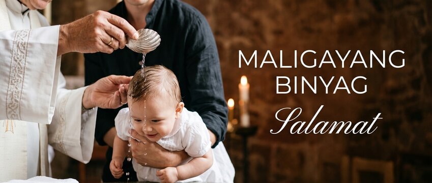 Baby baptism ceremony holy water priest pouring water on infant head with Filipino text Maligayang Binyag Salamat for Catholic christening celebration, religious blessing, faith sacrament template.