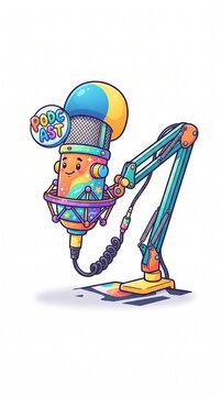 Cute cartoon microphone character with a colorful cosmic pattern and a podcast speech bubble, mounted on an adjustable studio boom arm, isolated on white background