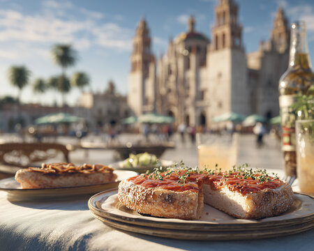 Authentic torta ahogada sandwich with historic cathedral background