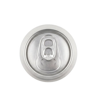 Top view of a closed aluminum beverage can with a pull tab