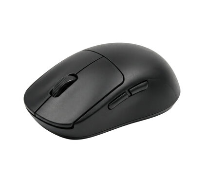 Modern black wireless computer mouse with scroll wheel and side buttons