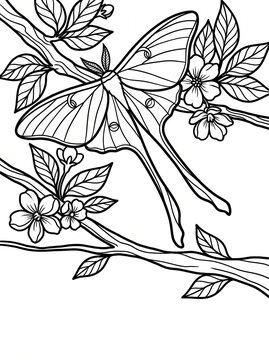Detailed luna moth resting among leafy branches, black and white coloring page. Part of a large matching collection of realistic insect coloring pages for adults and children.