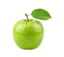 A single, vibrant green apple with a fresh leaf and stem on a white background © 7Author