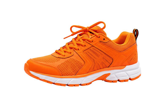 Bright orange athletic running shoe with white sole and laces on white background