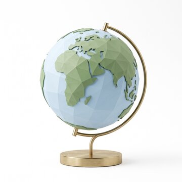 Low poly earth globe model with a modern brass stand on a clean white background