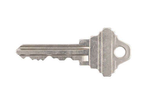 Single metallic key with a serrated edge and a circular hole at the end