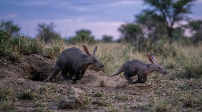 Two aardvarks emerge from a burrow in the African savanna at dusk