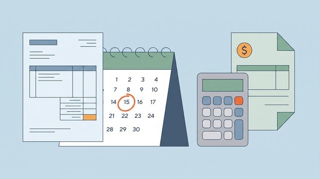 Illustration showing a calendar with a circled date alongside financial documents with documents calculator arranged indicate payment deadline next calendar fifteenth fifteenth day