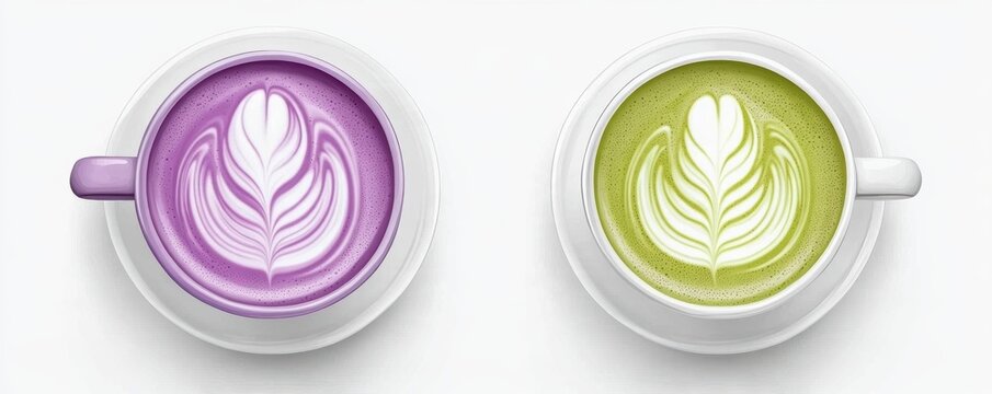 Ube and Matcha drink on white background,Iced Ube Latte,and matcha latte,PopularTrendy Purple Coffee Shop,plant based recipes,superfood,menu and banner,Healthy and wellness concept.